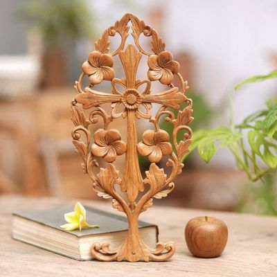 Alternate image for Hand-Carved Suar Wood Relief Panel of a Floral Cross Frangipani Blessing