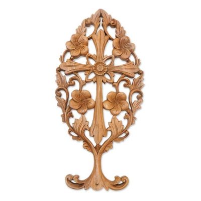 Alternate image for Hand-Carved Suar Wood Relief Panel of a Floral Cross Frangipani Blessing