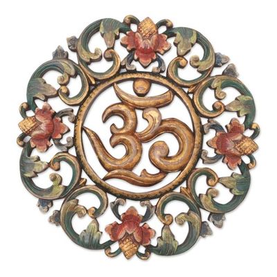 Alternate image for Balinese Hand-Carved and Hand-Painted Om Wood Relief Panel Om Sanctuary