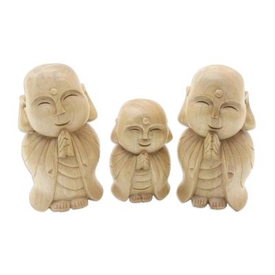 Alternate image for Handmade Crocodile Wood Buddhist Sculpture Set of 3 Guardian Jizo