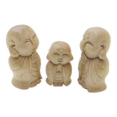 Alternate image for Handmade Crocodile Wood Buddhist Sculpture Set of 3 Guardian Jizo