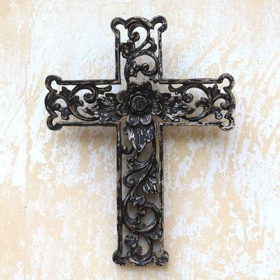 Primary image for Distressed Black Floral Wood Wall Cross Antiqued Lotus Cross