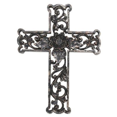 Alternate image for Distressed Black Floral Wood Wall Cross Antiqued Lotus Cross
