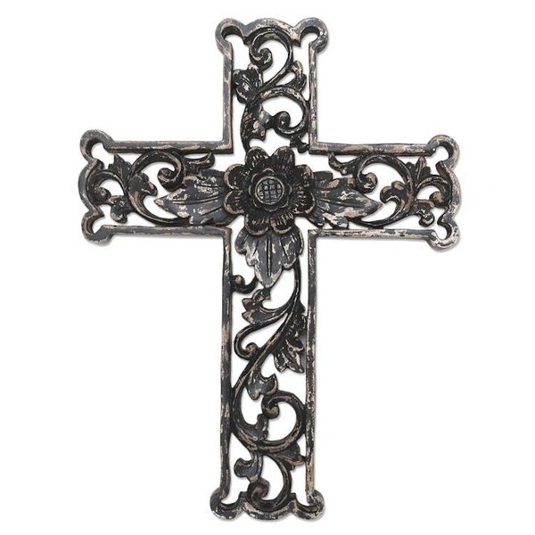 Alternate image for Distressed Black Floral Wood Wall Cross Antiqued Lotus Cross