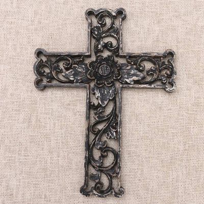 Alternate image for Distressed Black Floral Wood Wall Cross Antiqued Lotus Cross
