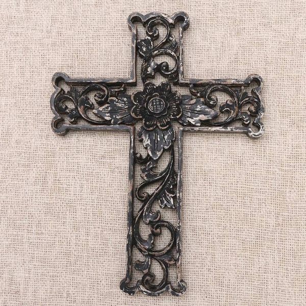 Alternate image for Distressed Black Floral Wood Wall Cross Antiqued Lotus Cross
