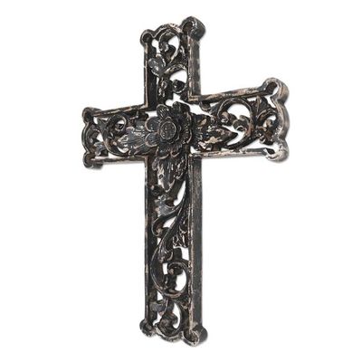 Alternate image for Distressed Black Floral Wood Wall Cross Antiqued Lotus Cross