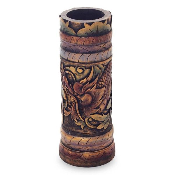 Alternate image for Fair Trade Handmade Wood Dragon-Themed Vase Baru Klinting Dragon