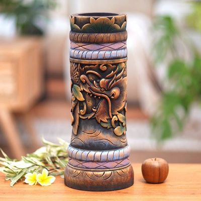 Alternate image for Fair Trade Handmade Wood Dragon-Themed Vase Baru Klinting Dragon