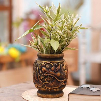 Primary image for Antiqued Artisan Crafted Mahogany Wood Dragon Vase Fierce Anantaboga