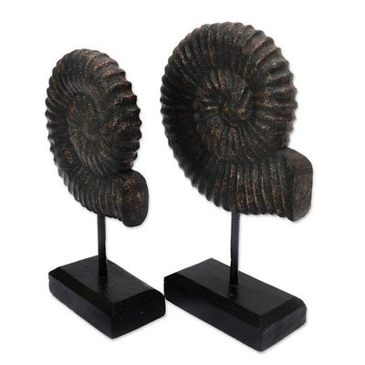 Alternate image for Hand Made Albesia Wood Shell Statuettes Pair Shimmering Shells