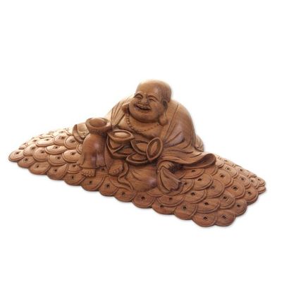 Alternate image for Acacia Wood Sitting Buddha Statuette Hand Carved Buddha of Happiness III