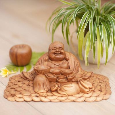 Alternate image for Acacia Wood Sitting Buddha Statuette Hand Carved Buddha of Happiness III