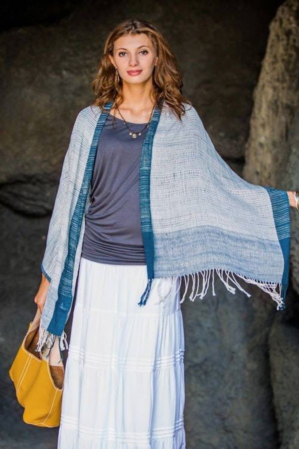 Alternate image for Balinese Handwoven Natural Dyes Sheer Cotton Shawl Sheer Denim Blue