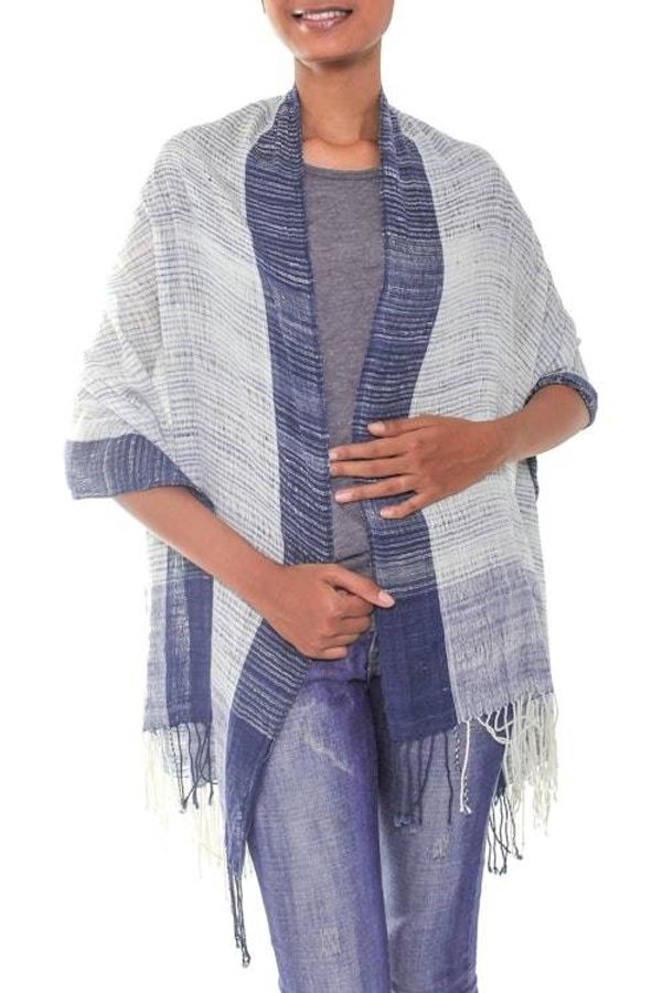 Alternate image for Balinese Handwoven Natural Dyes Sheer Cotton Shawl Sheer Denim Blue