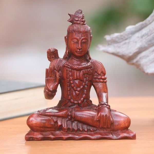 Alternate image for Signed Artisan Carved Hindu Wood Sculpture of Shiva Hindu God Shiva