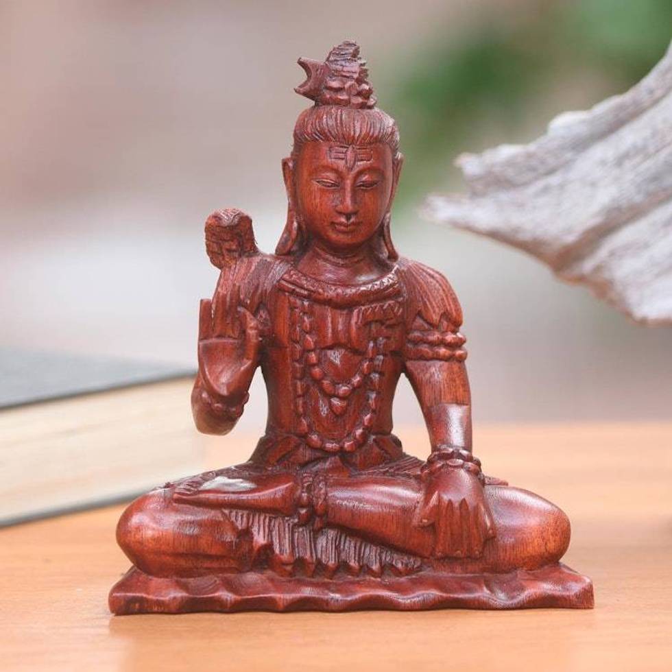 Signed Artisan Carved Hindu Wood Sculpture of Shiva 'Hindu God Shiva'