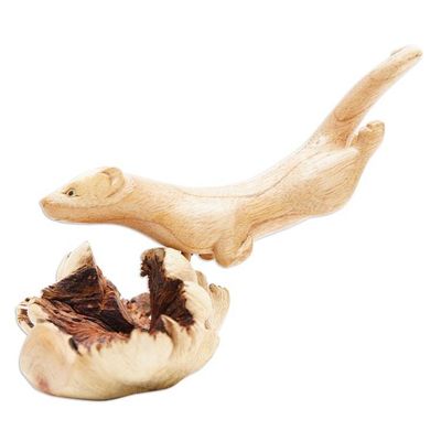 Alternate image for Handcrafted Wood Ferret Sculpture with Mushroom-Like Base Jumping Ferret