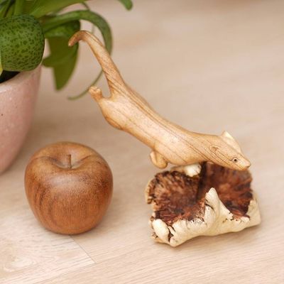 Alternate image for Handcrafted Wood Ferret Sculpture with Mushroom-Like Base Jumping Ferret