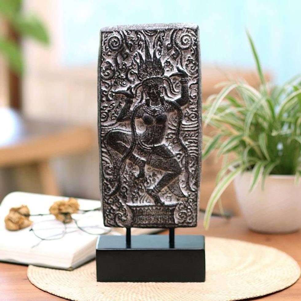 Cement Goddess Statuette with Wooden Base 'The Dancing Sri'
