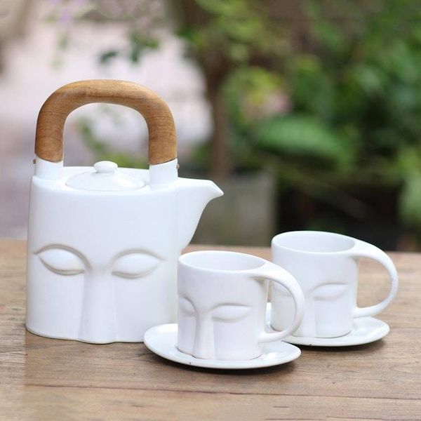Alternate image for Matte White Ceramic and Teak Six-Piece Tea Set Peaceful Visage