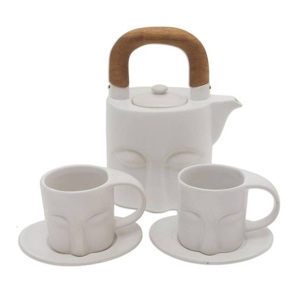 Alternate image for Matte White Ceramic and Teak Six-Piece Tea Set Peaceful Visage