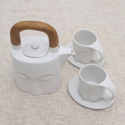 Alternate image for Matte White Ceramic and Teak Six-Piece Tea Set Peaceful Visage