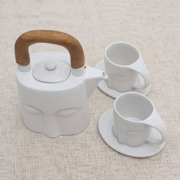 Alternate image for Matte White Ceramic and Teak Six-Piece Tea Set Peaceful Visage