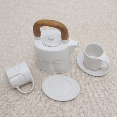 Alternate image for Matte White Ceramic and Teak Six-Piece Tea Set Peaceful Visage
