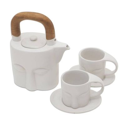 Alternate image for Matte White Ceramic and Teak Six-Piece Tea Set Peaceful Visage