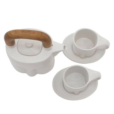 Alternate image for Matte White Ceramic and Teak Six-Piece Tea Set Peaceful Visage
