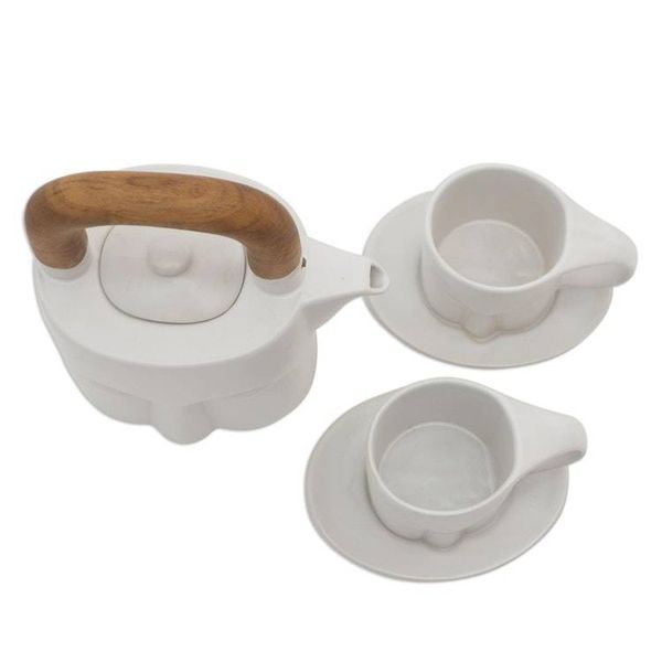 Alternate image for Matte White Ceramic and Teak Six-Piece Tea Set Peaceful Visage
