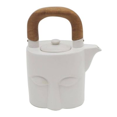 Alternate image for Matte White Ceramic and Teak Six-Piece Tea Set Peaceful Visage