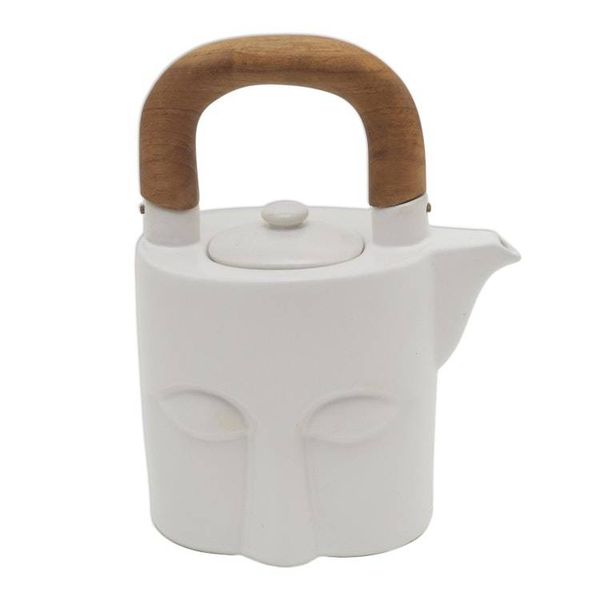 Alternate image for Matte White Ceramic and Teak Six-Piece Tea Set Peaceful Visage
