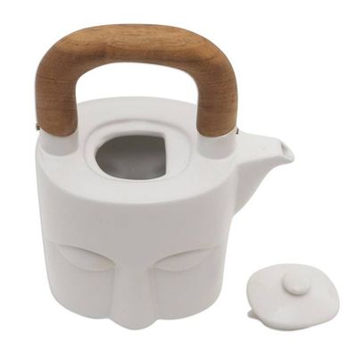 Alternate image for Matte White Ceramic and Teak Six-Piece Tea Set Peaceful Visage