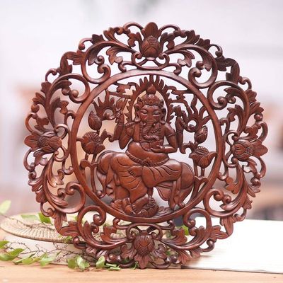 Primary image for Brown Suar Wood Leafy Relief Panel of Sage Ganesha Ganeshas Wisdom