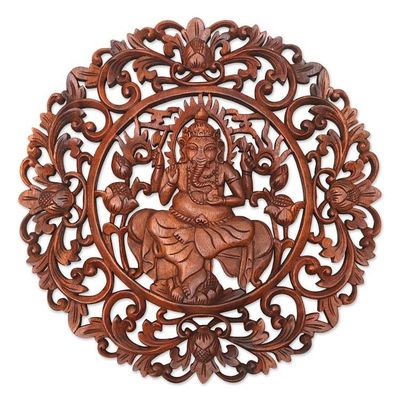 Alternate image for Brown Suar Wood Leafy Relief Panel of Sage Ganesha Ganeshas Wisdom