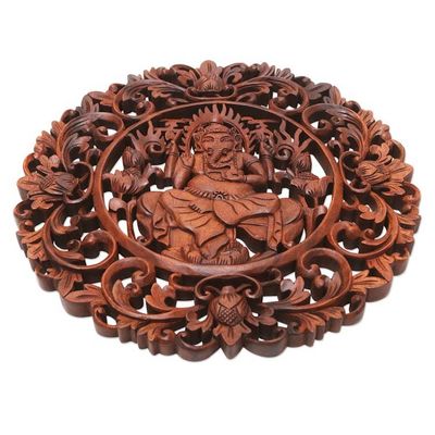 Alternate image for Brown Suar Wood Leafy Relief Panel of Sage Ganesha Ganeshas Wisdom