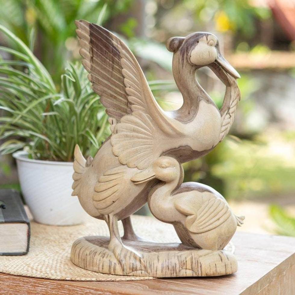 Hibiscus Wood Sculpture of a Mother Duck and Duckling 'Protective Mother'