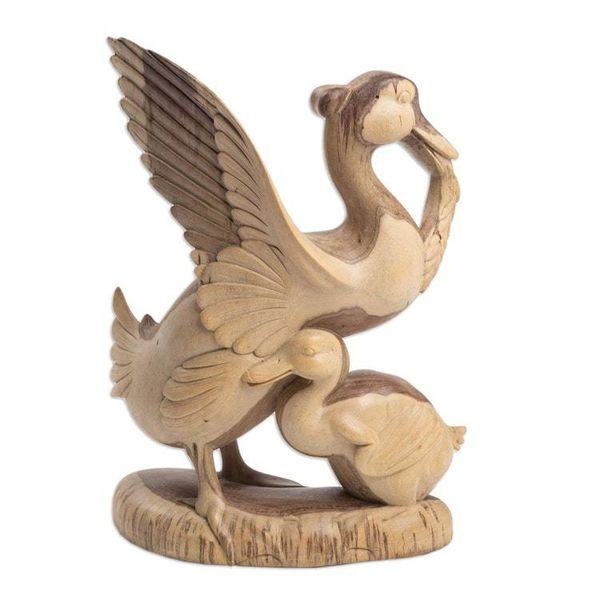 Alternate image for Hibiscus Wood Sculpture of a Mother Duck and Duckling Protective Mother