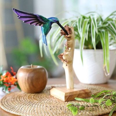 Alternate image for Handcrafted Hummingbird Jempinis and Benalu Wood Sculpture The Paradise Hummingbird