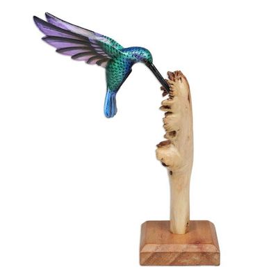Alternate image for Handcrafted Hummingbird Jempinis and Benalu Wood Sculpture The Paradise Hummingbird