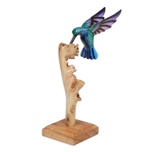 Alternate image for Handcrafted Hummingbird Jempinis and Benalu Wood Sculpture The Paradise Hummingbird