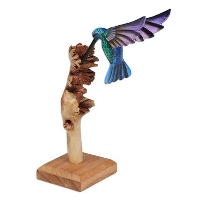 Alternate image for Handcrafted Hummingbird Jempinis and Benalu Wood Sculpture The Paradise Hummingbird