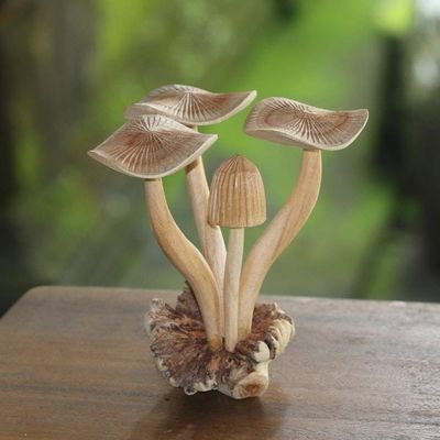 Alternate image for Hand-Carved Jempinis Wood Forest Mushroom Sculpture Majestic Mushroom