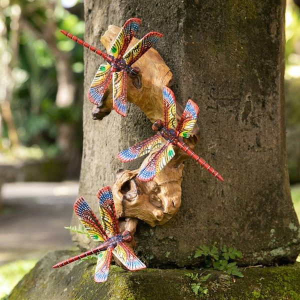 Alternate image for Wood Wall Art with Hand-Painted Dragonfly Motifs from Bali Crimson Dragonfly