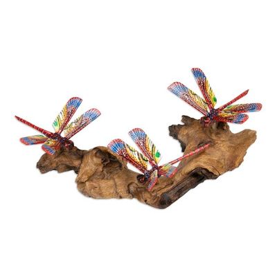 Alternate image for Wood Wall Art with Hand-Painted Dragonfly Motifs from Bali Crimson Dragonfly