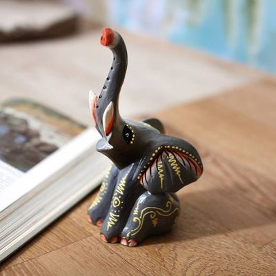 Alternate image for Wood Figurine Depicting a Grey Elephant with Raised Trunk Elephant Bliss