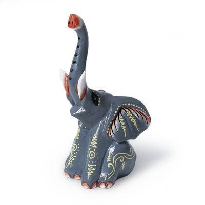Alternate image for Wood Figurine Depicting a Grey Elephant with Raised Trunk Elephant Bliss