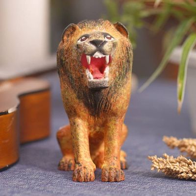 Alternate image for Lion Wood Figurine Hand-carved  Hand-painted in Indonesia Roaring Lion